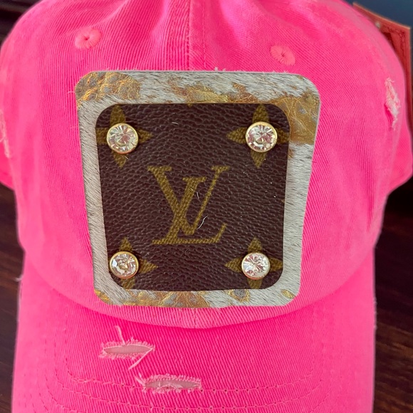 Neon Pink Distressed Hat with Luxury Brand Patch - Picture 3 of 6